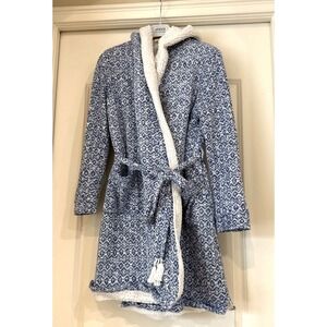 Anthropologie "Saturday Sunday " blue /white fleece & Sherpa hooded robe Sz M/L